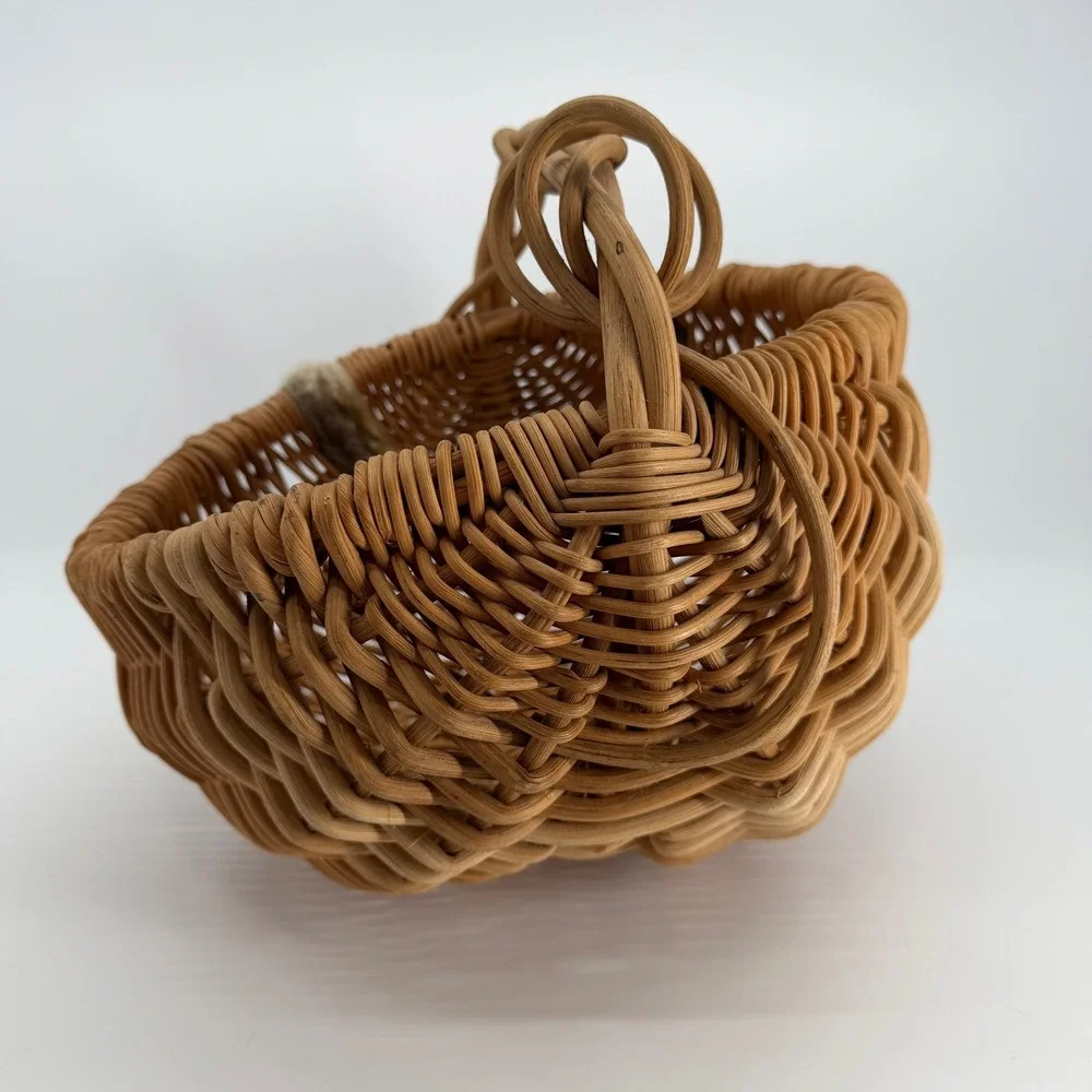 Vintage Woven Rattan Wicker Basket Twisted Handle Beaded Tassel Cottage Boho
